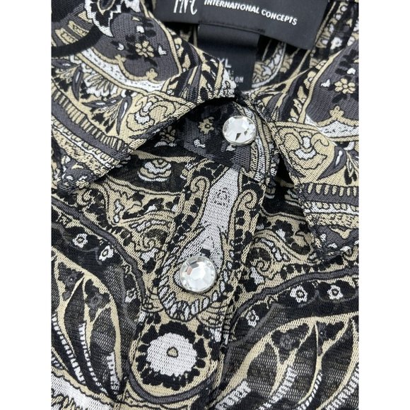 INC Black Paisley Long Sleeve Rhinestone Buttons Sheer Collared Top Shirt XL - Picture 9 of 14